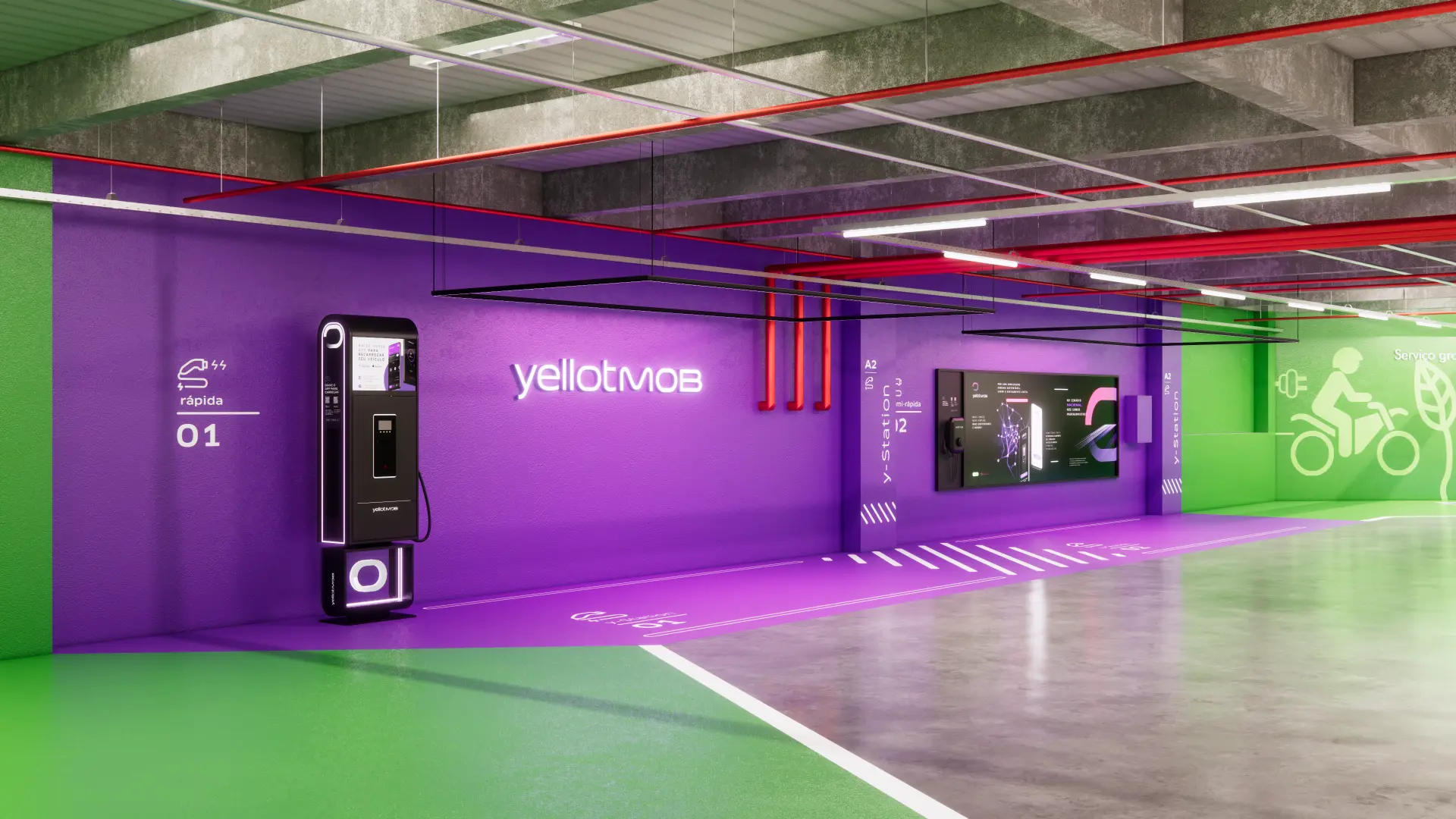 Render 3D de estação de recarga rápida YellotMob em estacionamento comercial, com identidade visual roxa e verde
